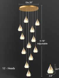 Thumbnail for A 12-light modern diamond prism K9 crystal chandelier with a gold finish and multi-faceted design, suitable for foyers, staircases, and high-ceilinged spaces.