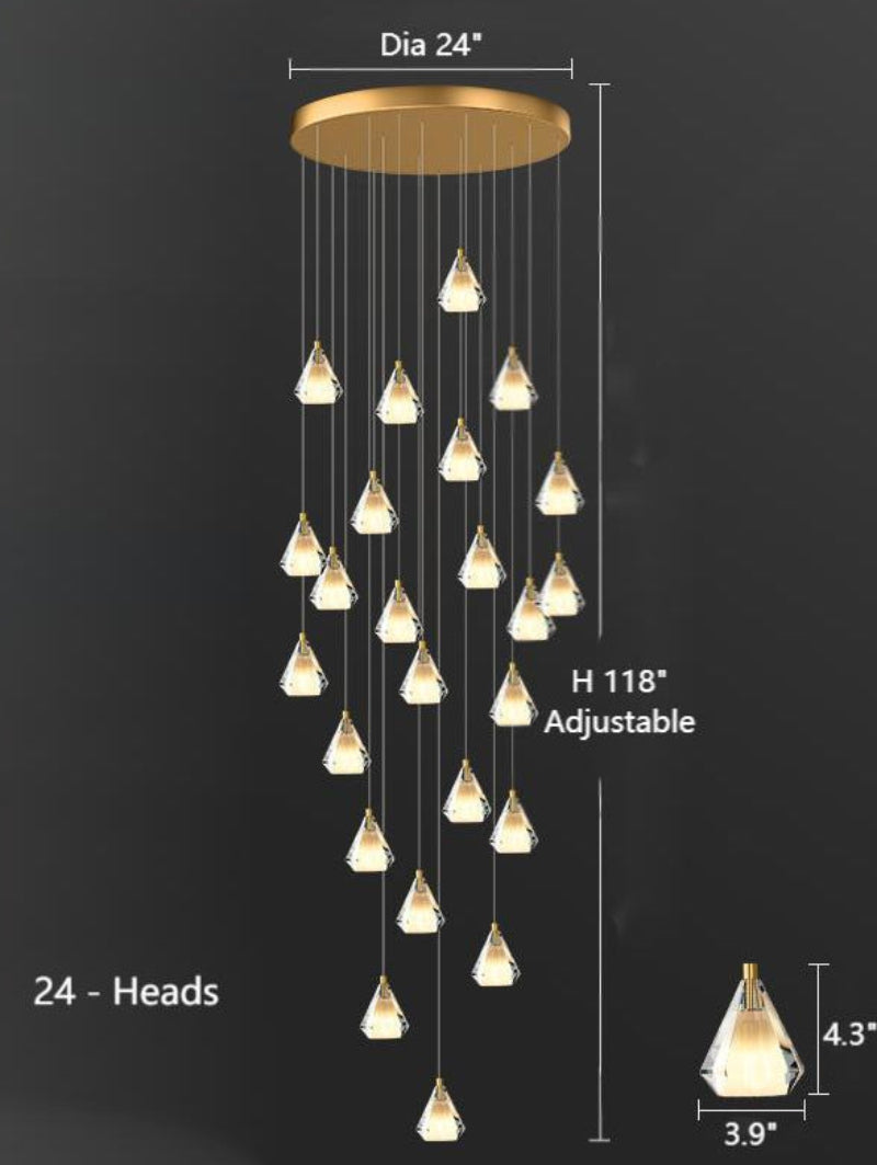 This 24-light diamond prism crystal chandelier features a gold-plated K9 multi-faceted design, suitable for high-ceilinged spaces such as foyers, stairwells, and entryways.