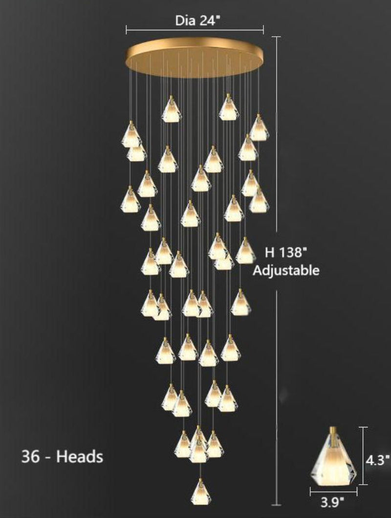 A 36-light modern diamond-shaped K9 crystal chandelier with a gold finish, suitable for foyers, stairwells, entryways, and double-height ceilings.