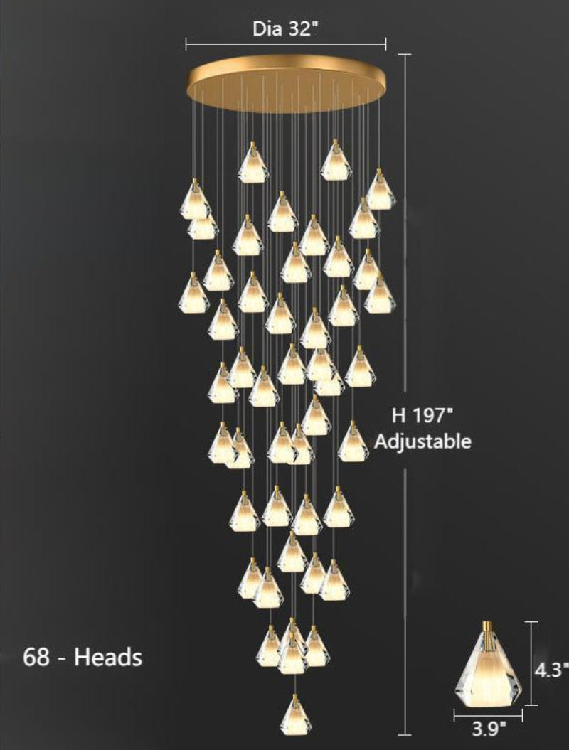 This chandelier features 68 round, gold-colored, diamond-shaped K9 crystal pendants with a multi-faceted design, suitable for foyers, stairwells, entryways, and double-height ceilings.