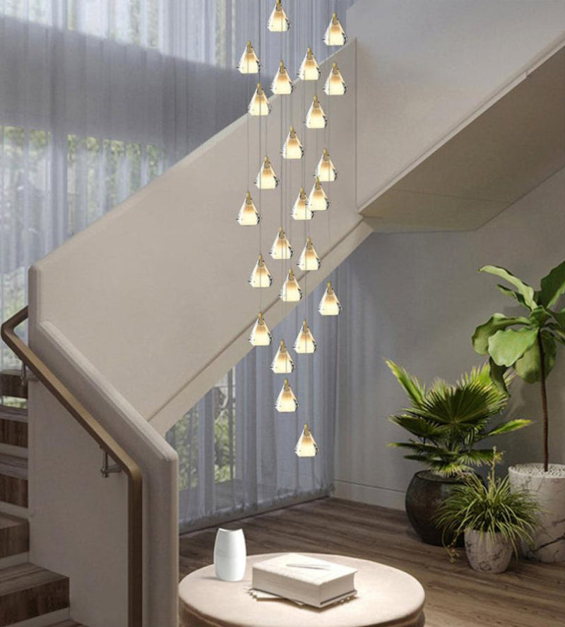 Gold diamond prism K9 crystal chandelier, faceted design with rainbow effect for foyer staircase high ceiling lighting