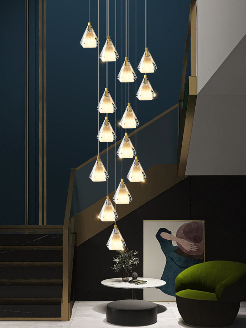 Modern gold diamond prism chandelier for foyer, K9 crystal faceted design for staircase entryway high ceiling lighting