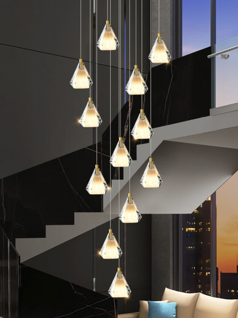 Gold diamond prism crystal chandelier lighting, K9 faceted design for foyer staircase entryway two-story high ceiling