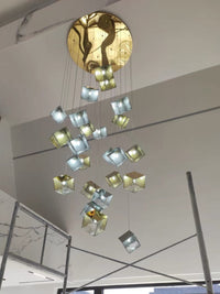 Thumbnail for Chrome ice cube chandelier, textured glass pendant with water-pattern light for modern foyer entryway staircase,UL