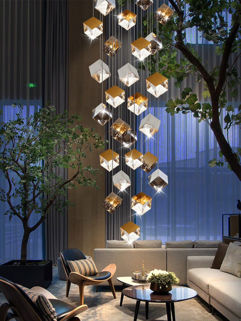 Gold ice cube stair chandelier, textured glass pendant with water-pattern light for staircase foyer entryway lighting