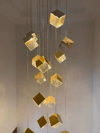 Thumbnail for New ice cube stair chandelier, textured glass pendant with water-pattern light for staircase foyer entryway lighting