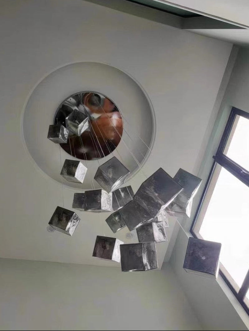 Chrome ice cube stair chandelier, textured glass pendant with water-pattern light for staircase foyer entryway