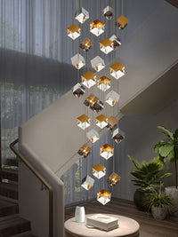 Thumbnail for Gold ice cube chandelier, textured glass pendant with water-pattern light for modern foyer entryway high ceiling