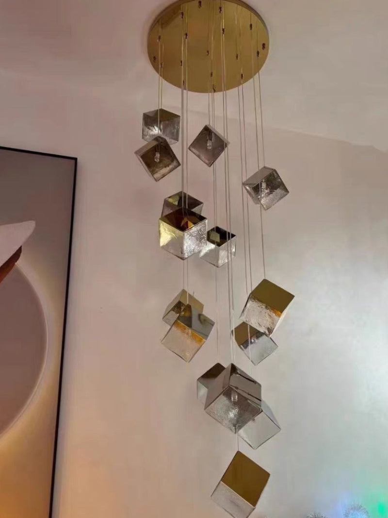 Gold ice cube stair chandelier, textured glass pendant with water-pattern light for staircase foyer entryway lighting