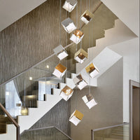 Thumbnail for Elegant ice cube staircase chandelier, textured glass pendant with water-pattern light for foyer entryway lighting