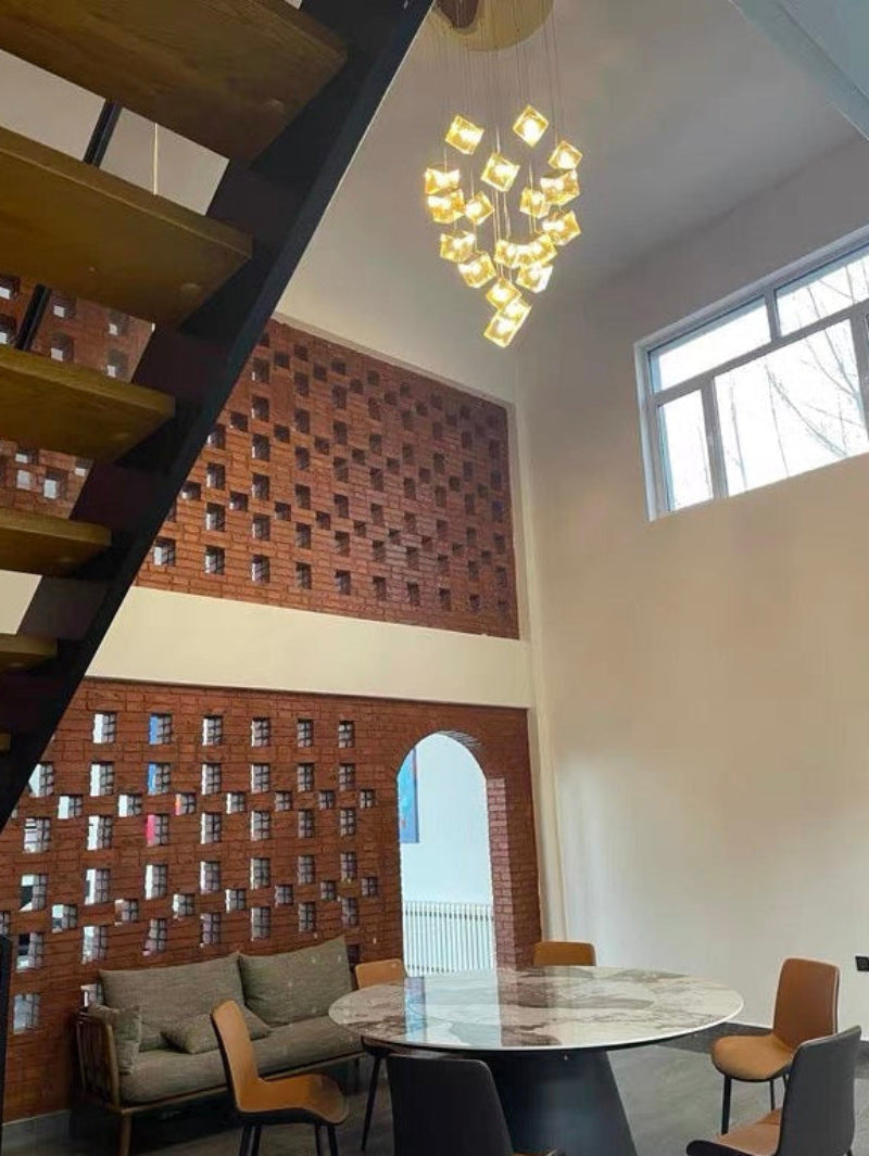 Commercial ice cube chandelier, textured glass pendant with water-pattern light for modern hotel lobby restaurant