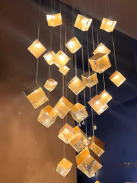 Thumbnail for Modern commercial ice cube chandelier, textured glass pendant with water-pattern light for hotel lobby office foyer