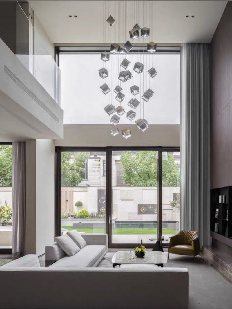 Ice cube-shaped pendant light, textured glass pendant, water ripple lighting effect, suitable for modern foyers. UL listed.