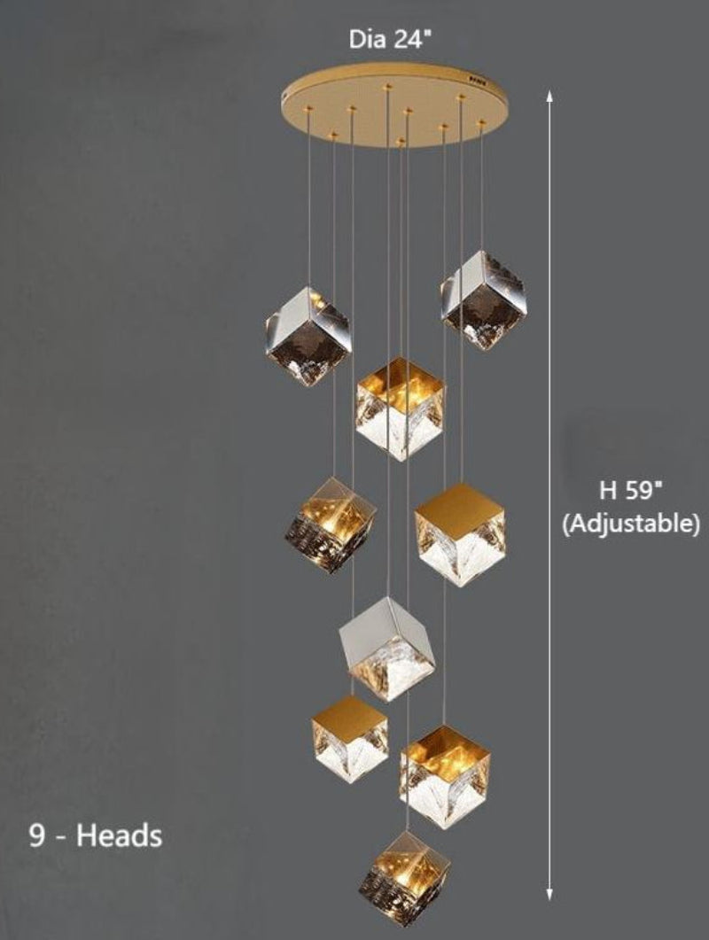 9-light personalized ice cube-shaped staircase pendant light, featuring textured glass pendants and a water ripple lighting effect, suitable for entryways and foyers. Easy installation.