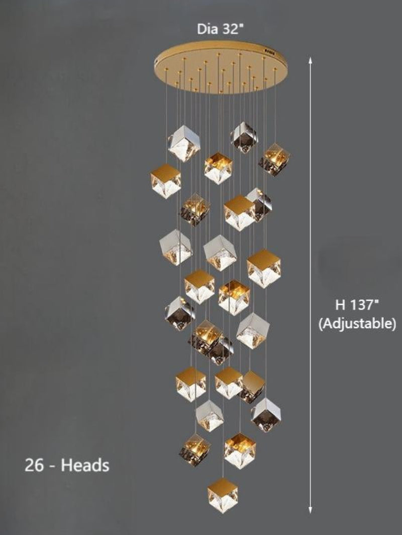26-light commercial ice cube-shaped pendant lamp, featuring textured glass pendants and a rippling light effect. Suitable for spaces such as staircases and foyers, and easy to install.