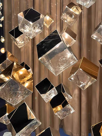 Thumbnail for Gold ice cube chandelier, textured glass pendant with water-pattern light for modern foyer entryway staircase lighting