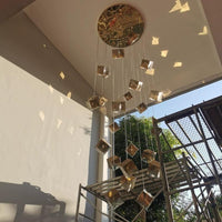 Thumbnail for Chrome ice cube chandelier, textured glass pendant with water-pattern light for modern foyer entryway high ceiling