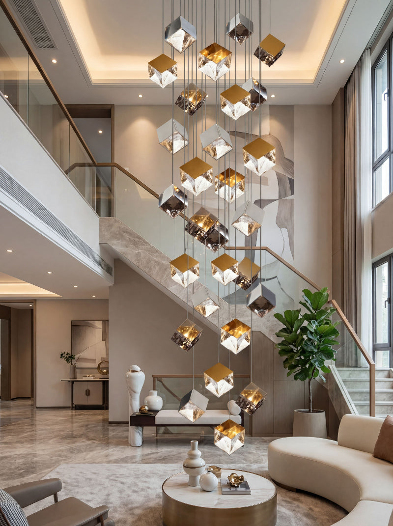 Glowing ice cube stair chandelier with textured glass pendant creating water-pattern light for modern staircase foyer entryway