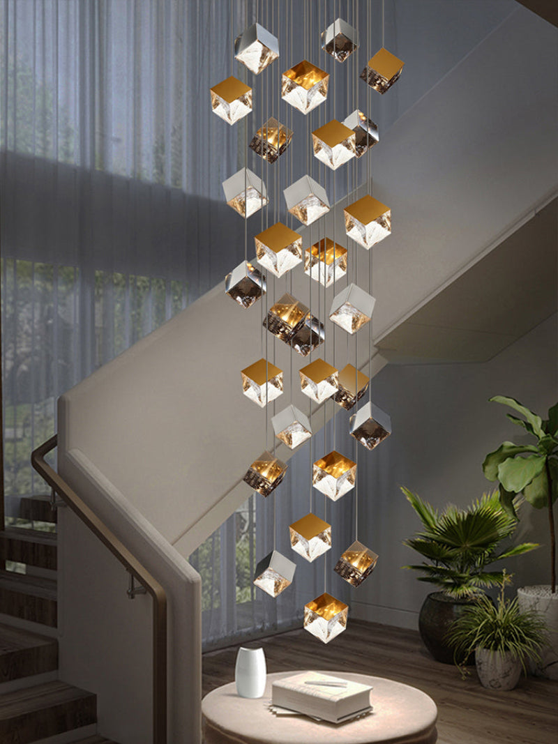Gold ice cube chandelier, textured glass pendant with water-pattern light for modern foyer entryway high ceiling