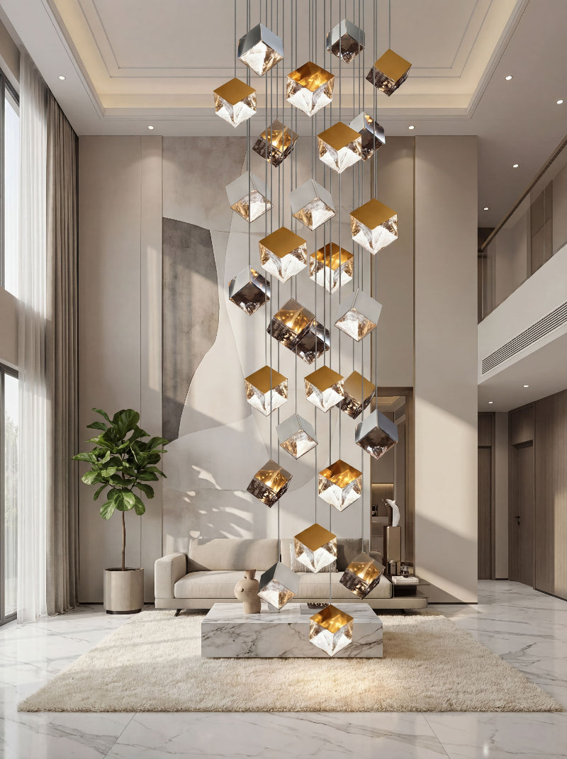 Gold glowing ice cube stair chandelier with textured glass pendant creating water-pattern light for staircase foyer entryway lighting