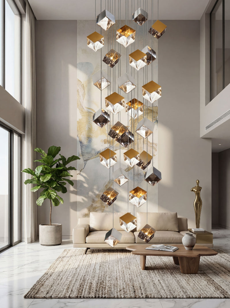 Dimmable modern ice-shaped pendant light with textured glass creating rippling light effect for staircase foyer entryway spaces