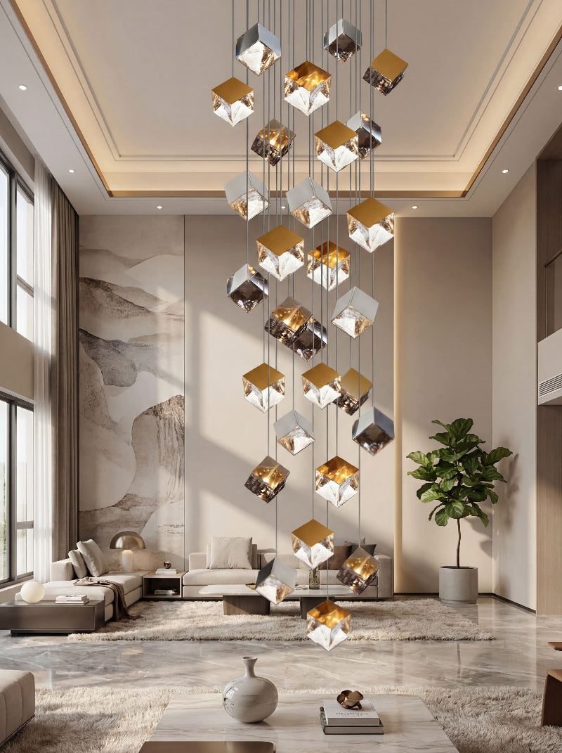 UL-listed ice cube-shaped pendant light with textured glass creating water ripple lighting effect for modern foyer installation