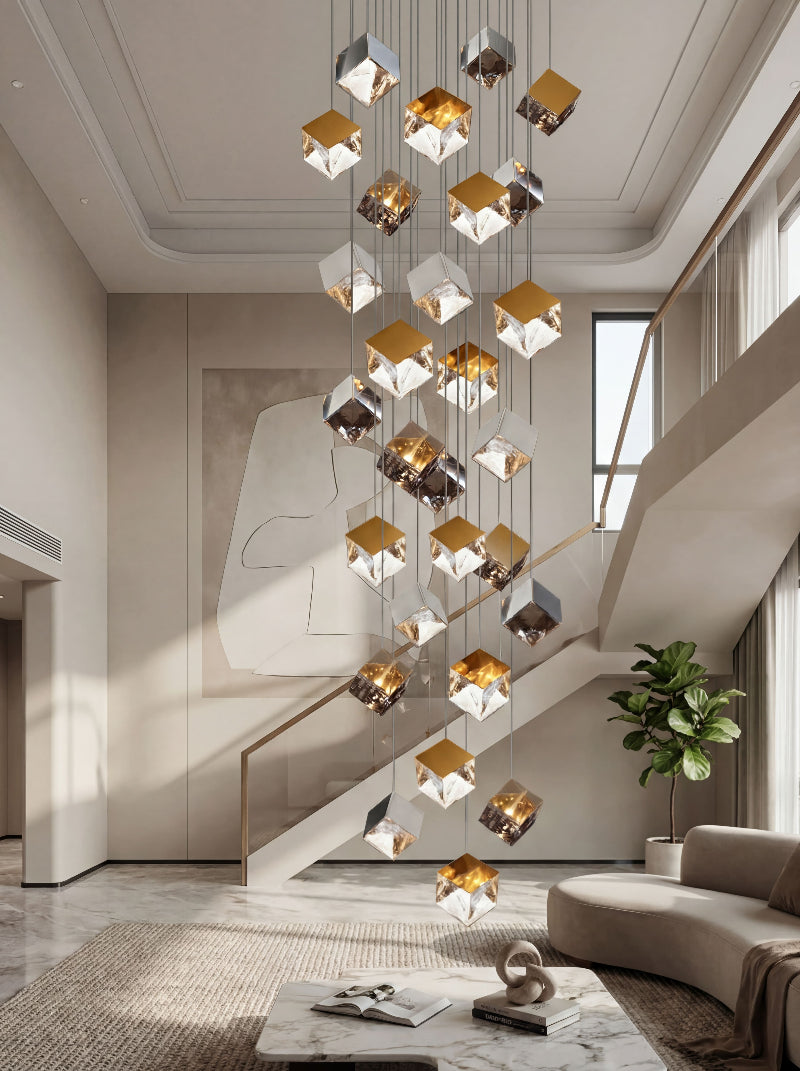 Multi-level ice cube chandelier with textured glass pendants creating layered water-pattern lighting effect in modern staircase space