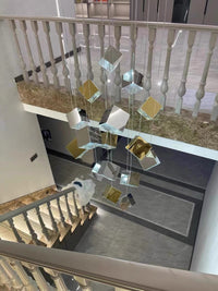 Thumbnail for Modern ice-shaped pendant light, featuring textured glass pendants and a water ripple lighting effect, suitable for staircases.  (Overhead view rendering)