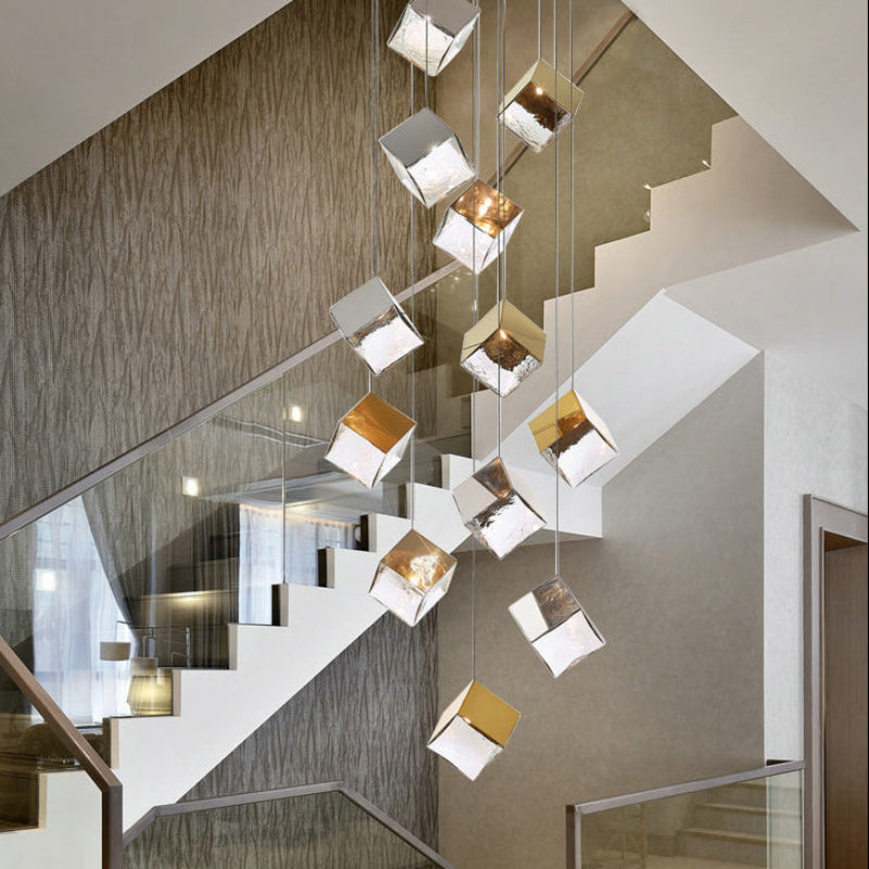 Elegant ice cube staircase chandelier, textured glass pendant with water-pattern light for foyer entryway lighting