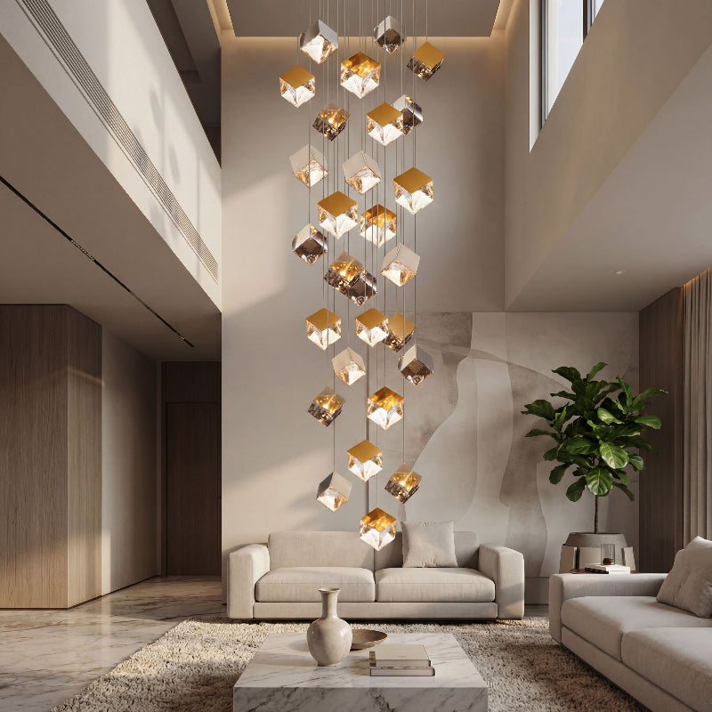 Contemporary ice cube chandelier cluster with textured glass cubes creating dramatic water-pattern lighting in elegant residential entryway