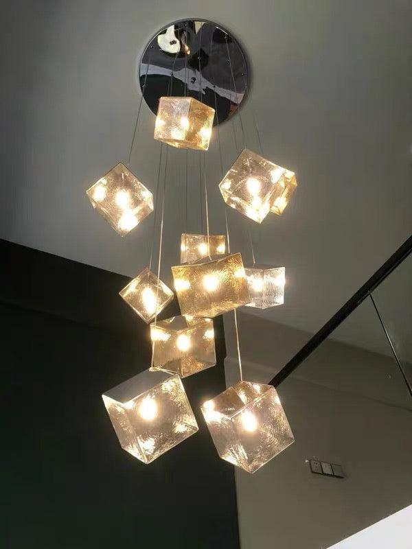 Ice cube stair chandelier, textured glass pendant with water-pattern light for modern staircase foyer entryway