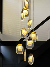 Thumbnail for Gold cascade chandelier for dining room, multi-tier crystal pendant fixture for high ceiling modern interior lighting
