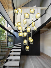 Thumbnail for Gold cascade crystal chandelier for dining room, multi-tier pendant design for high ceiling modern interior lighting