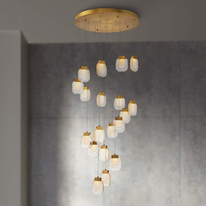 Gold cascade hanging crystal lights, waterfall pendant design for foyer staircase entryway two-story high ceiling