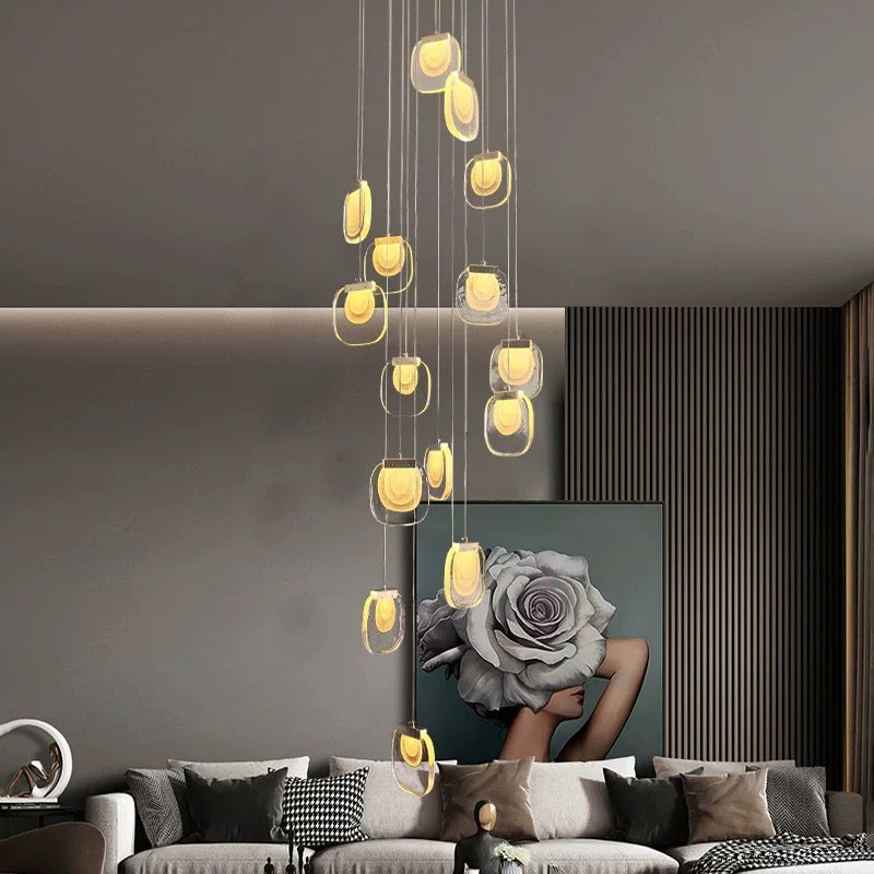 Gold cascade crystal chandelier lighting, multi-tier pendant design for dining room living room high ceiling interior