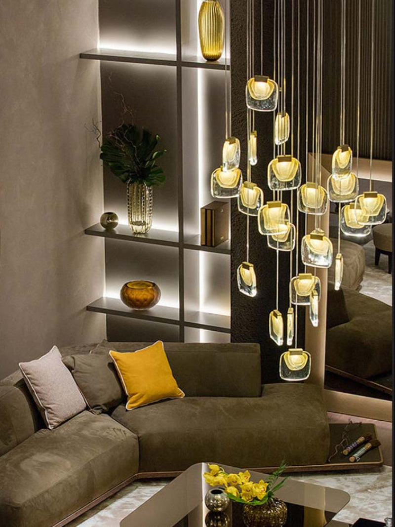 Gold cascade chandelier for dining room, multi-tier crystal pendant fixture for high ceiling modern interior lighting