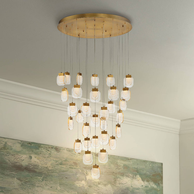 Glamorous gold cascade chandelier for hotel lobby, luxury multi-tier crystal pendant for grand foyer high ceiling