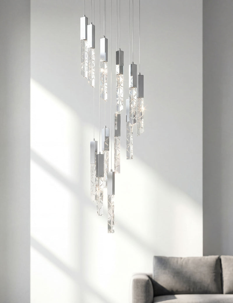 Designer LED linear pendant chandelier with K9 crystal rods creating sophisticated lighting in contemporary dining room entryway