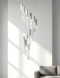Thumbnail for Designer LED linear pendant chandelier with K9 crystal rods creating sophisticated lighting in contemporary dining room entryway