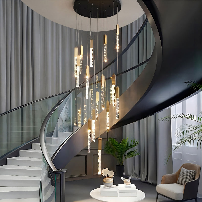 Modern LED linear pendant with K9 crystal rods in customizable 6-49 light configuration for staircase foyer high ceiling lighting