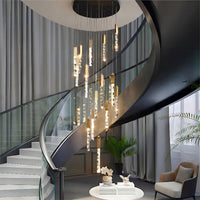 Thumbnail for Modern LED linear pendant with K9 crystal rods in customizable 6-49 light configuration for staircase foyer high ceiling lighting