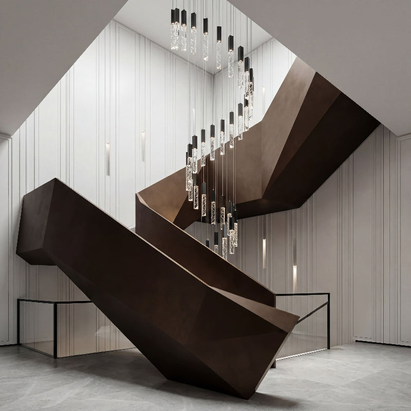 Contemporary LED linear pendant with K9 crystal rods creating brilliant sparkle in modern dining room foyer stairwell high ceiling