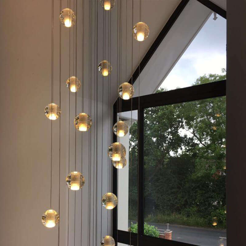 Chrome bubble crystal chandelier, dimmable LED floating orbs with K9 crystal for staircase foyer entryway lighting