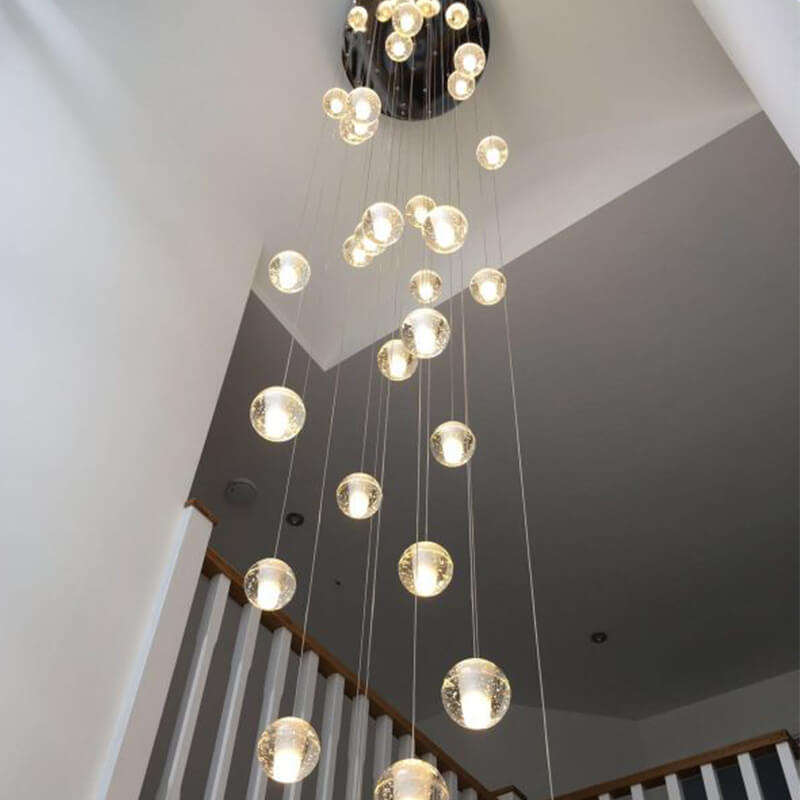 Chrome bubble crystal chandelier, dimmable LED floating orbs with K9 crystal for staircase foyer entryway lighting
