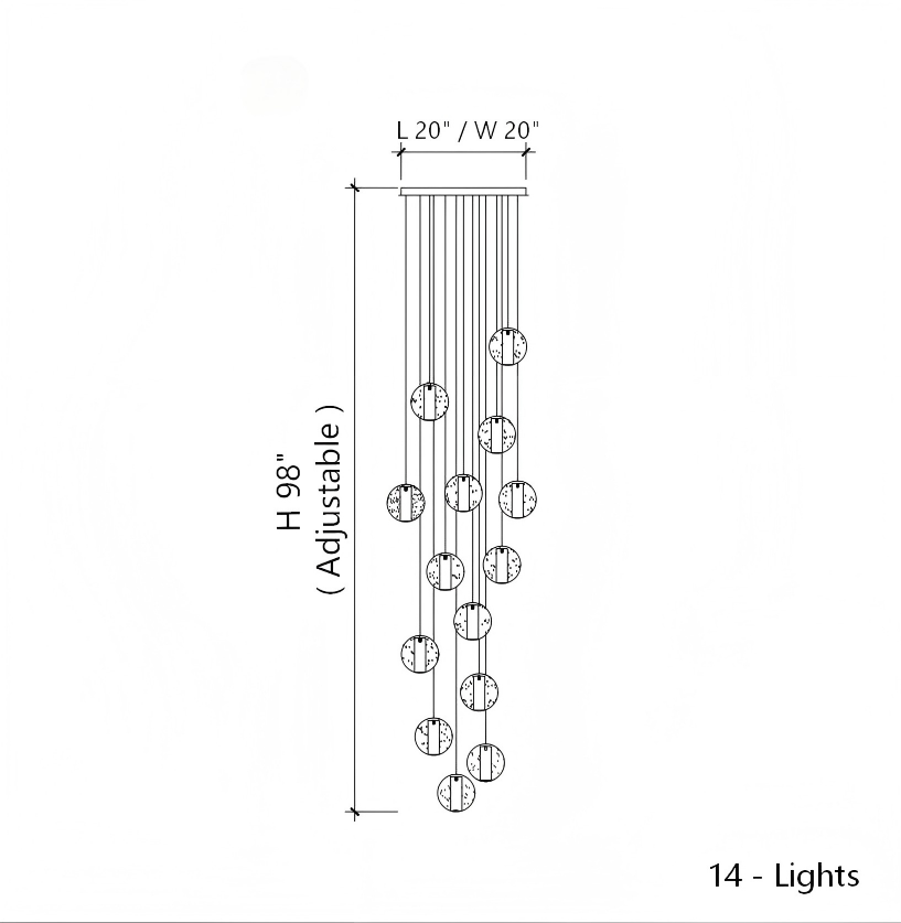 14-light chrome bubble crystal chandelier with dimmable LED floating orbs for staircase foyer entryway two-story high ceiling installation