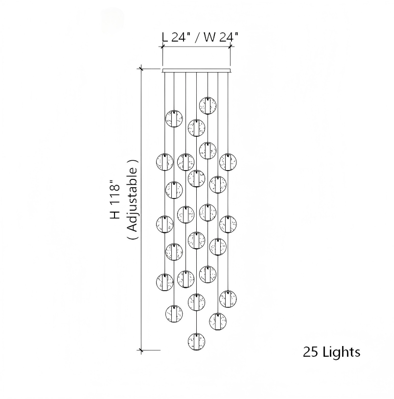 25-light chrome bubble crystal pendant with dimmable LED floating orbs creating sophisticated staircase foyer living room high ceiling lighting