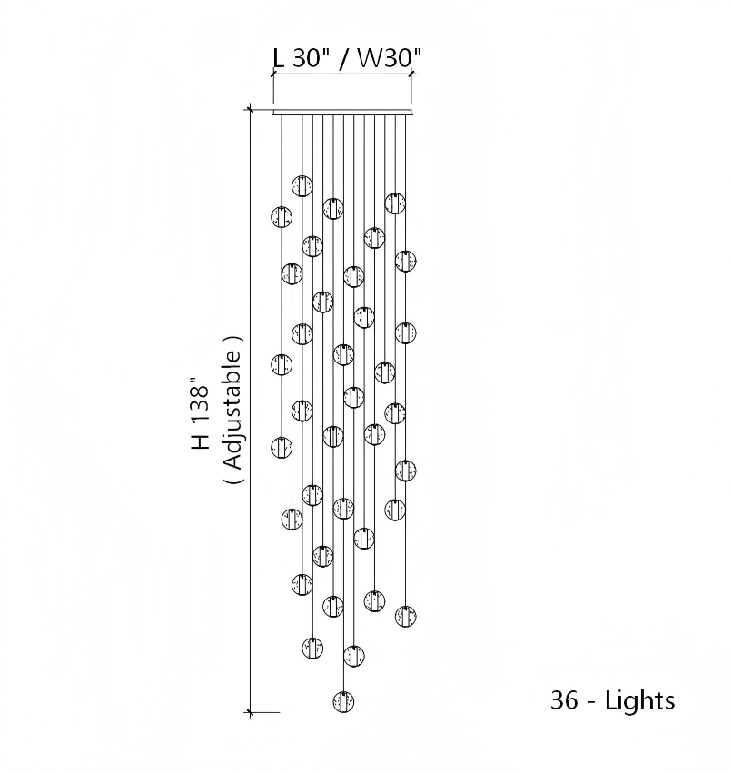 36-light bubble crystal chandelier with dimmable LED floating orbs and K9 crystal for staircase foyer high ceiling dramatic lighting