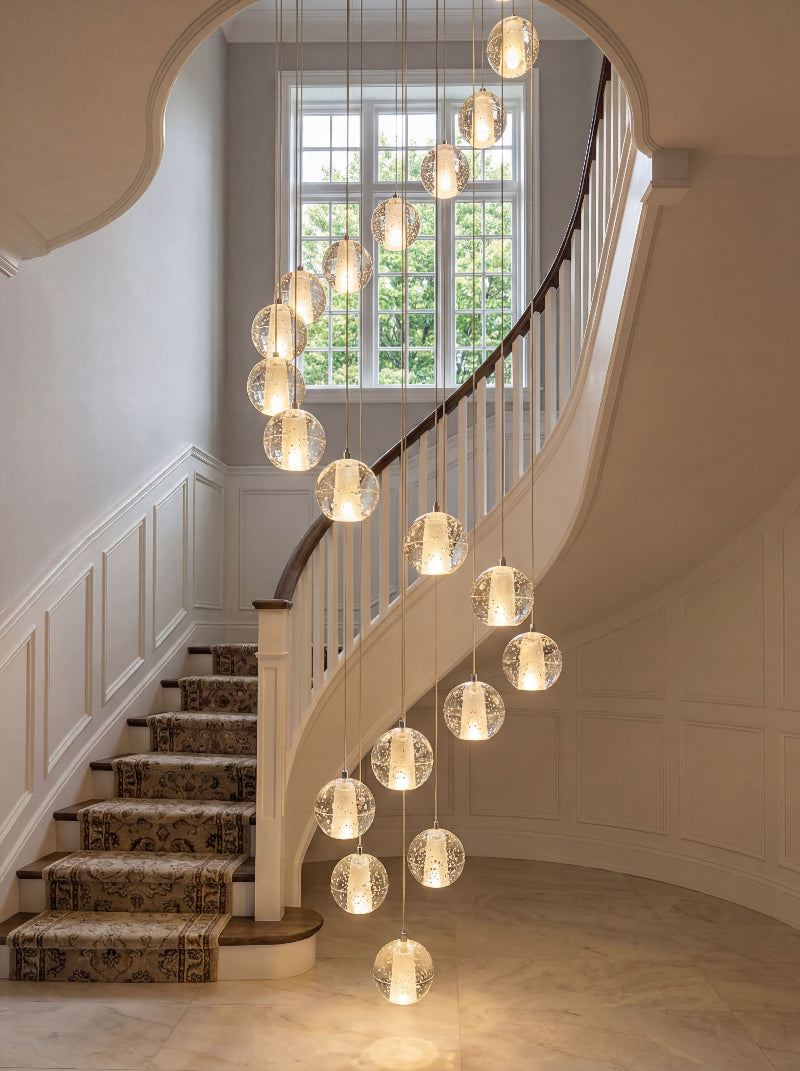 Modern chrome bubble crystal chandelier with K9 crystal and dimmable LED floating orbs for statement staircase foyer high ceiling