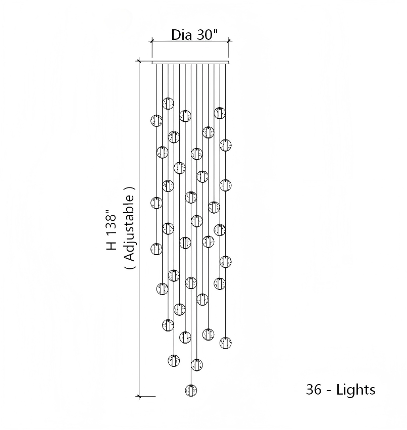 36-light modern chrome bubble crystal chandelier with dimmable LED floating orbs for staircase foyer entryway high ceiling installation
