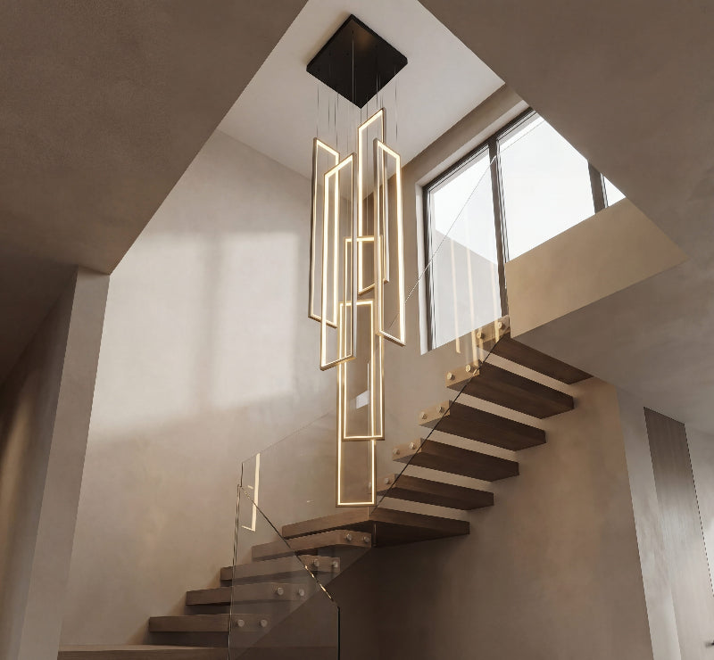 Luxury geometric LED chandelier with black minimalist interlocking rectangles creating sophisticated ambient lighting in modern entryway space